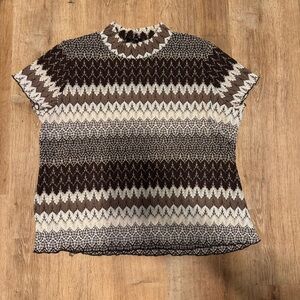 VTG Shannon Ford Mock Neck Pleated Top Brown Beige Goblincore Earthy Semi Sheer